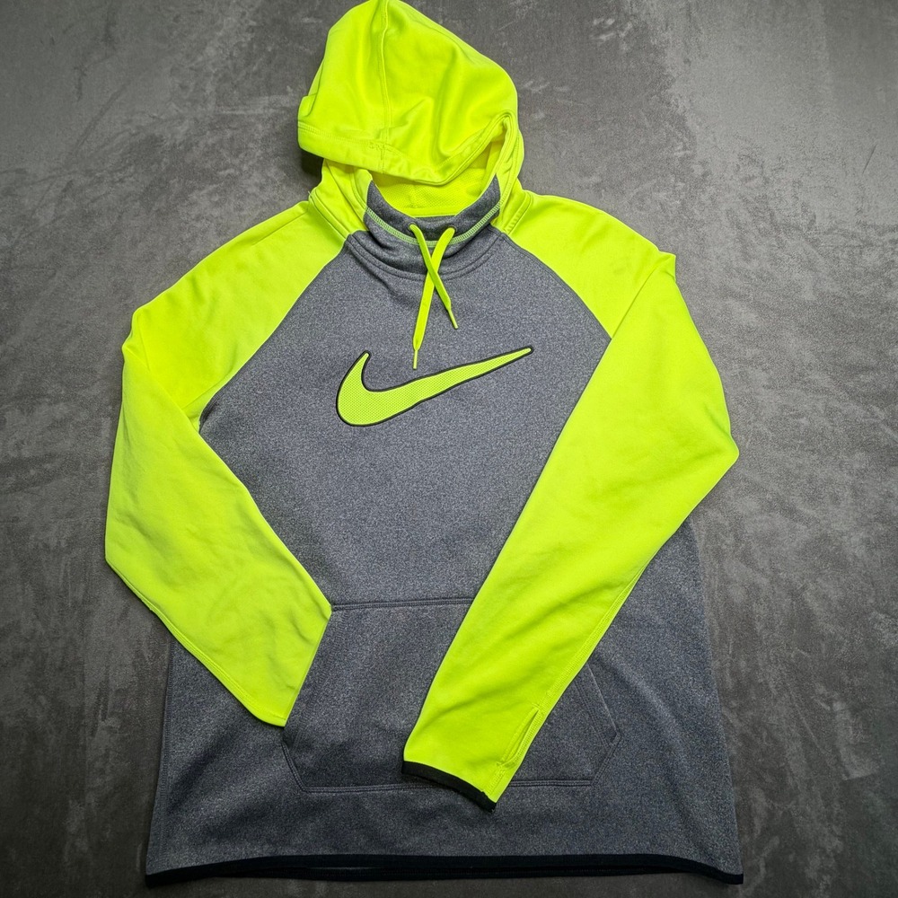 Nike Hoodie Mens Large Gray Neon Yellow Therma-FIT Pullover‎ Raglan 715597-034